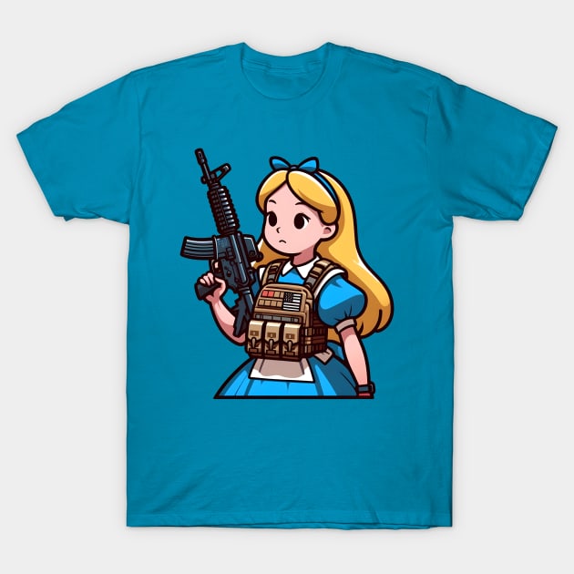 Tactical Wonderland Odyssey Tee: A Unique Twist on Alice's Journey T-Shirt by Rawlifegraphic